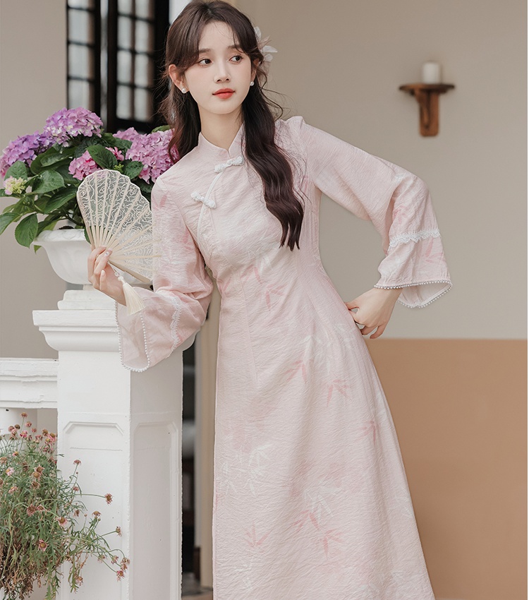 Pink Chinese style cheongsam autumn dress