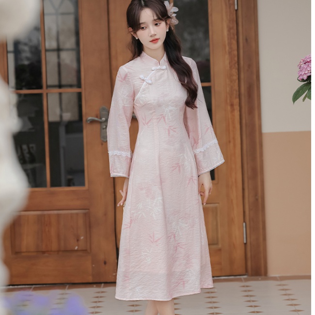 Pink Chinese style cheongsam autumn dress