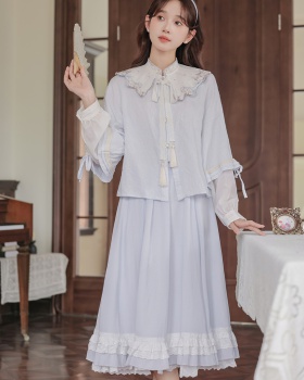 Embroidery lace skirt cstand collar shirt 3pcs set