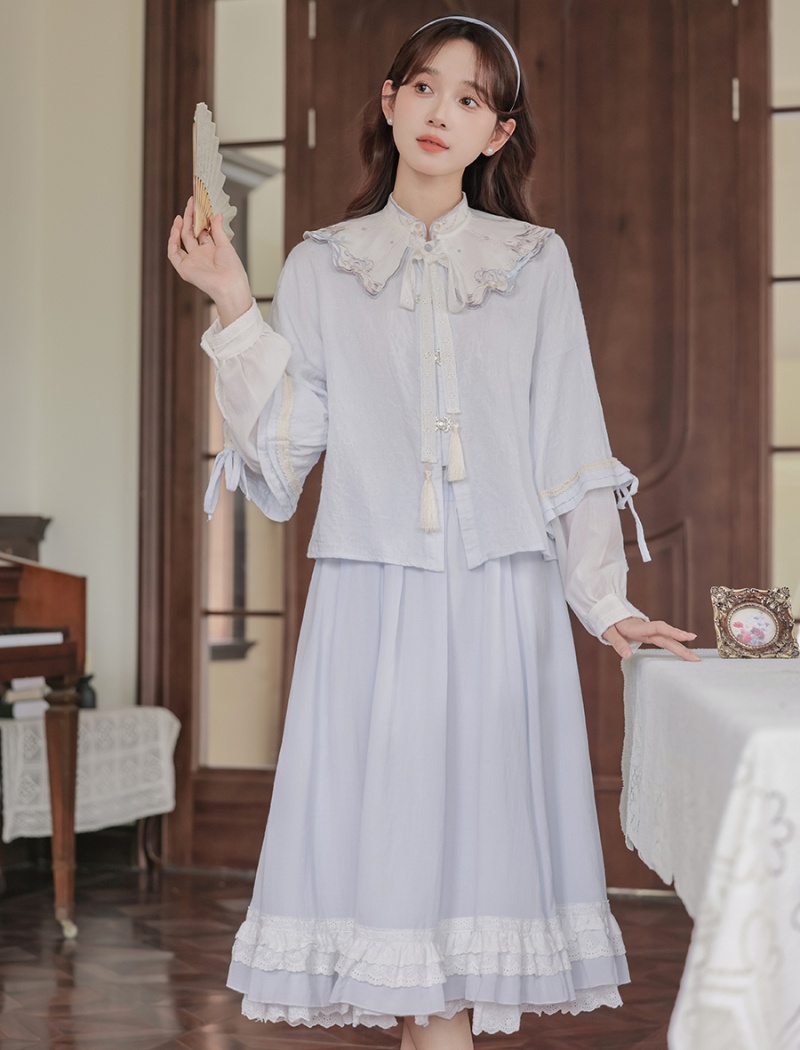 Embroidery lace skirt cstand collar shirt 3pcs set