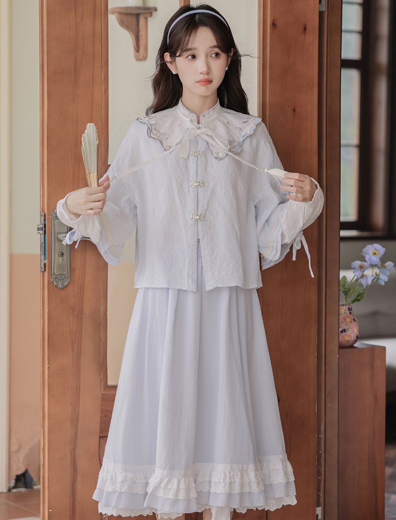 Embroidery lace skirt cstand collar shirt 3pcs set