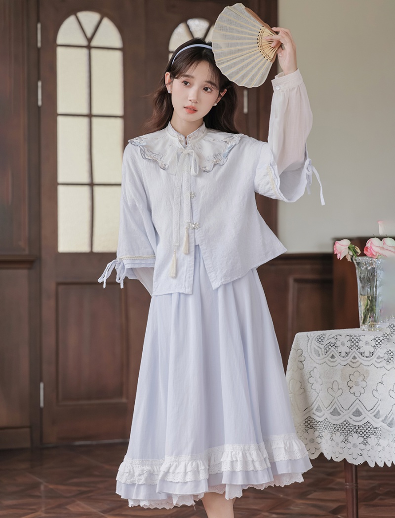 Embroidery lace skirt cstand collar shirt 3pcs set