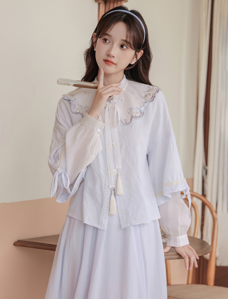 Embroidery lace skirt cstand collar shirt 3pcs set