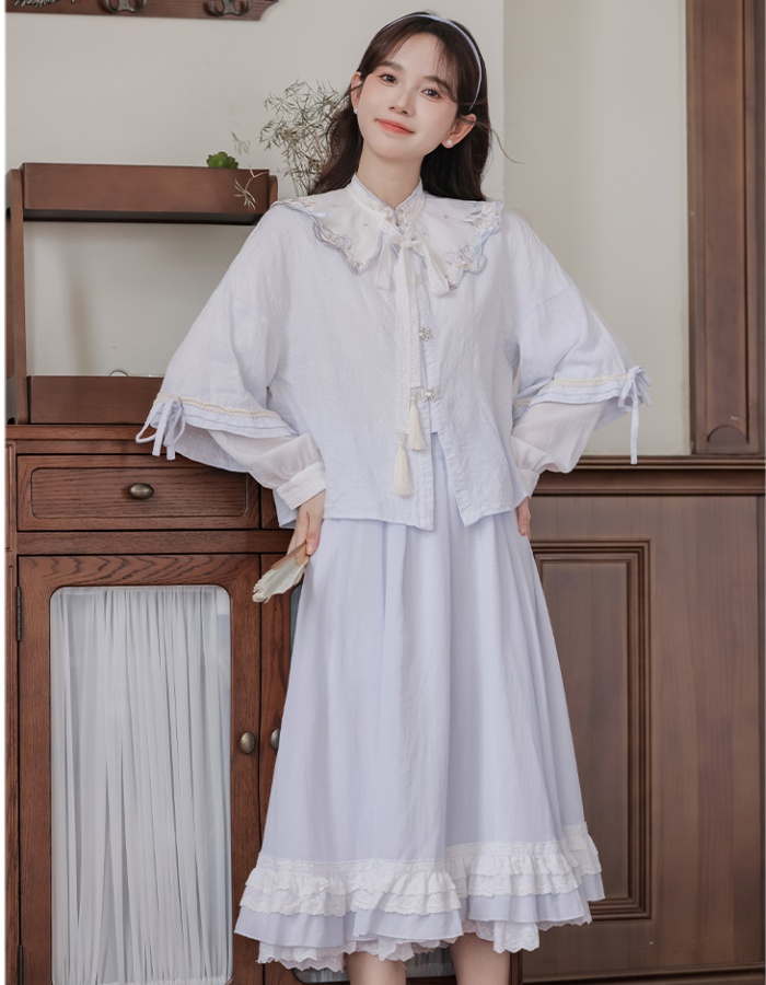 Embroidery lace skirt cstand collar shirt 3pcs set