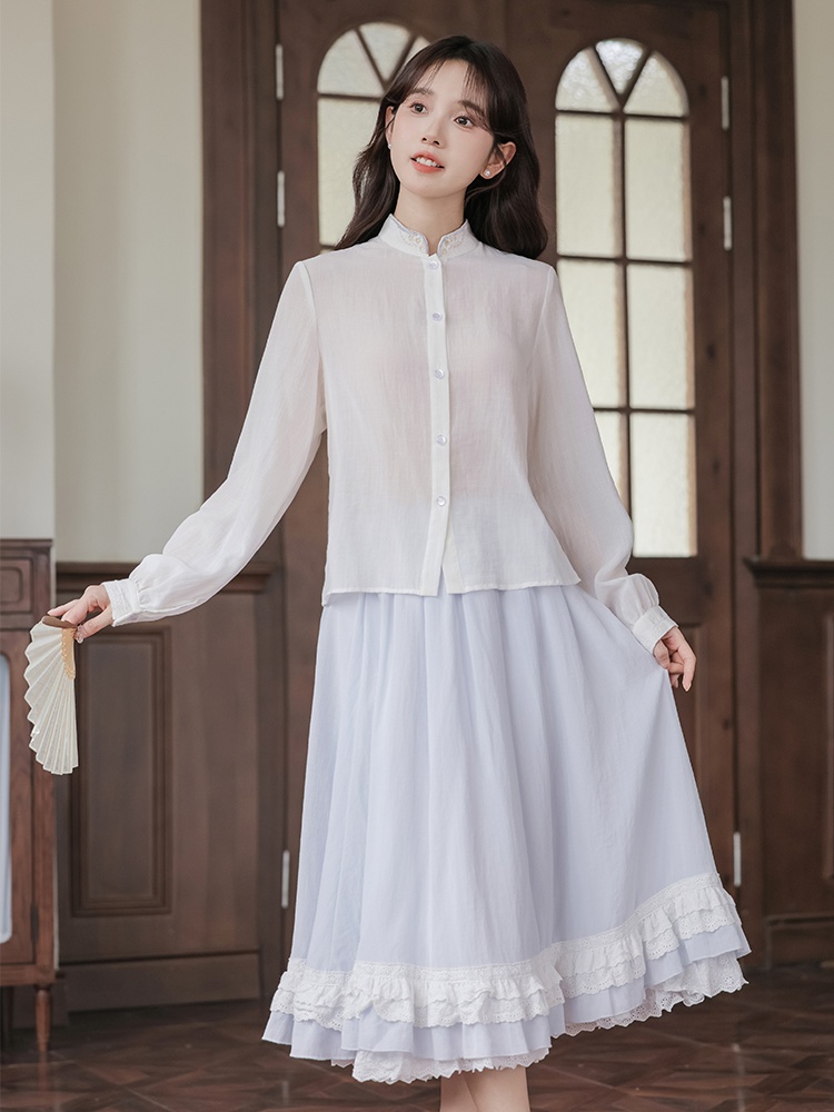 Embroidery lace skirt cstand collar shirt 3pcs set