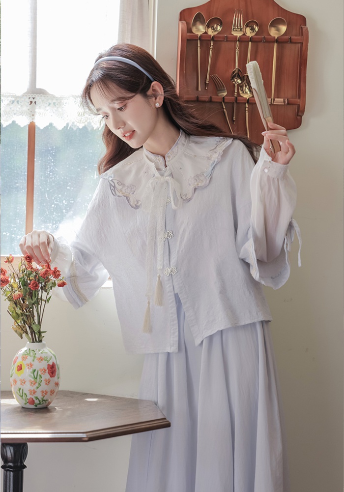 Embroidery lace skirt cstand collar shirt 3pcs set