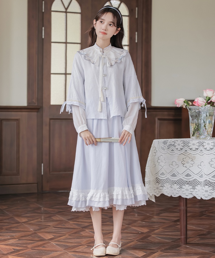 Embroidery lace skirt cstand collar shirt 3pcs set