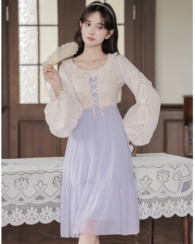 Pseudo-two chiffon shirt tender strap dress 2pcs set