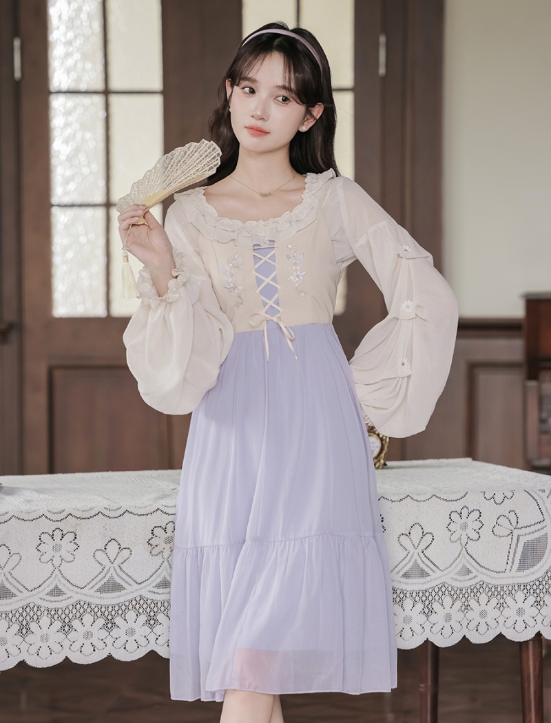 Pseudo-two chiffon shirt tender strap dress 2pcs set