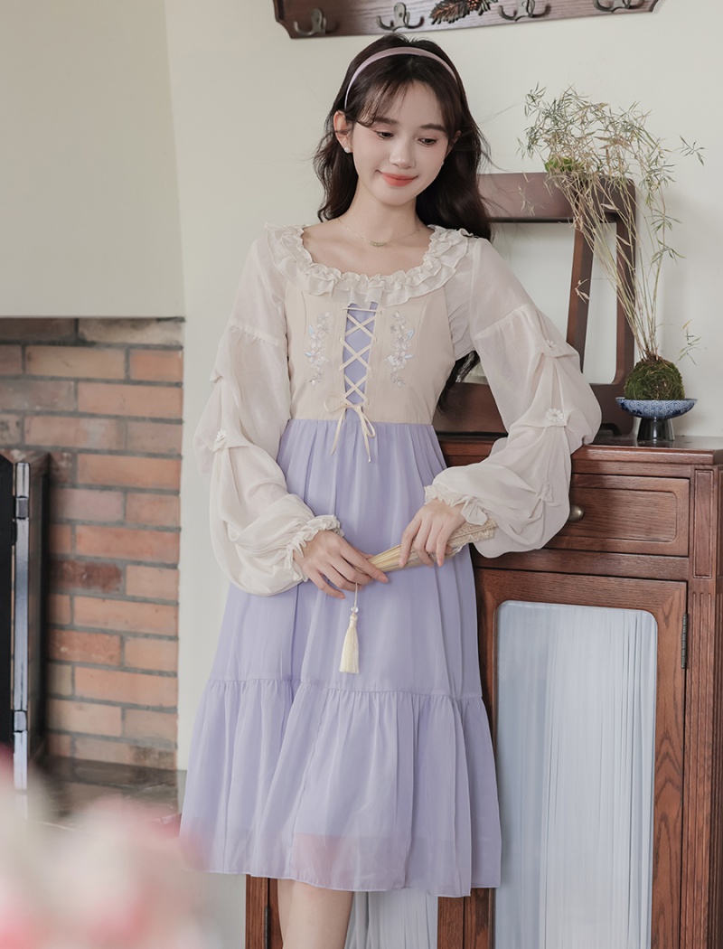 Pseudo-two chiffon shirt tender strap dress 2pcs set