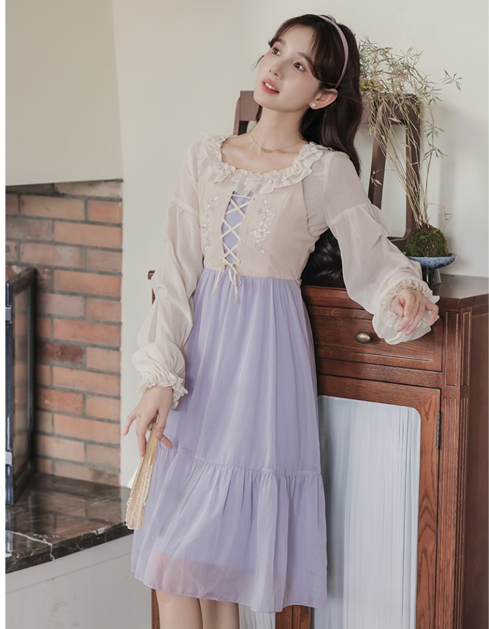 Pseudo-two chiffon shirt tender strap dress 2pcs set