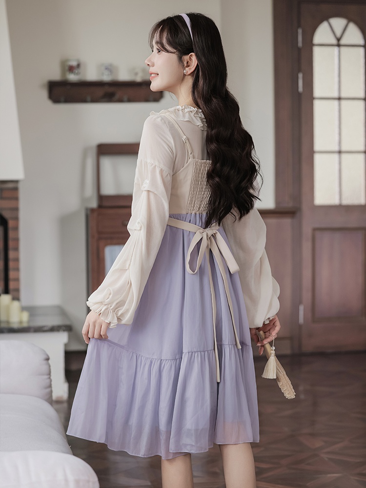 Pseudo-two chiffon shirt tender strap dress 2pcs set