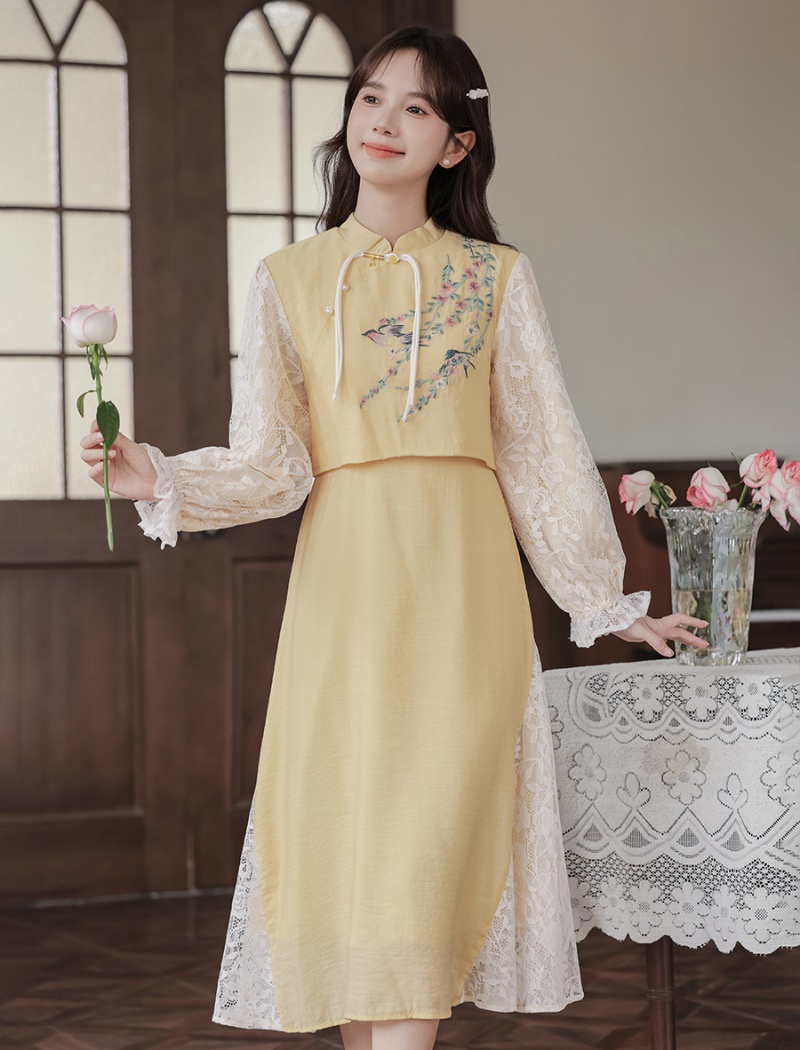 Lace Chinese style dress splice embroidery cheongsam for women