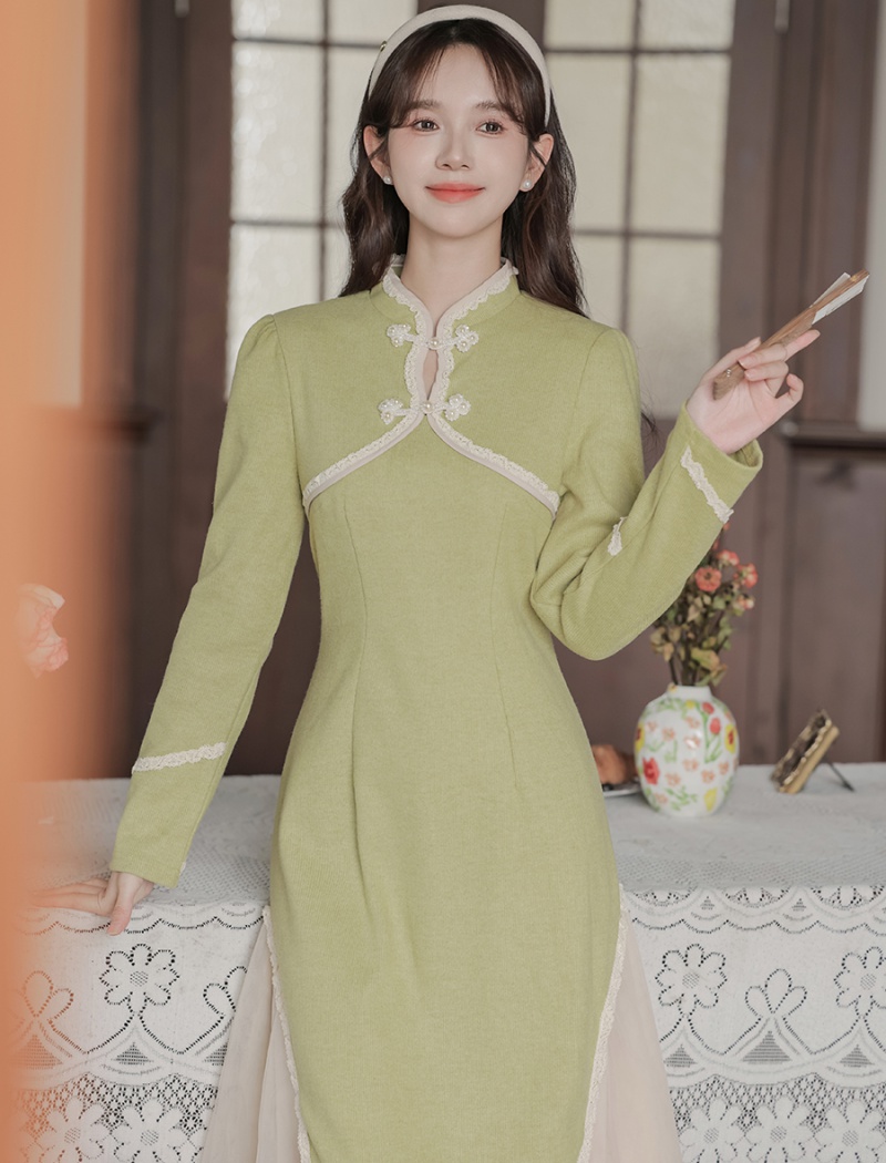 Pseudo-two splice retro cheongsam knitted pinched waist dress