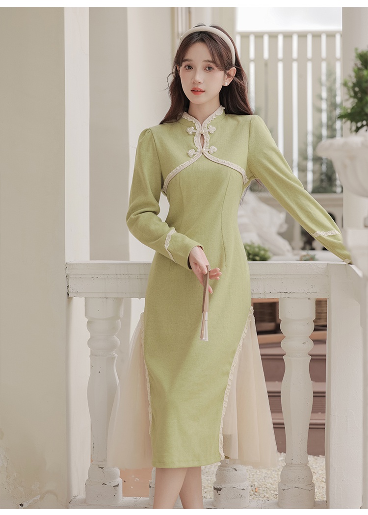 Pseudo-two splice retro cheongsam knitted pinched waist dress