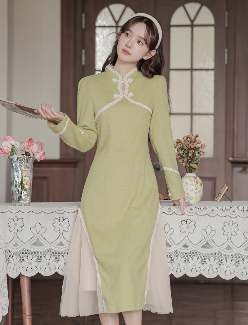 Pseudo-two splice retro cheongsam knitted pinched waist dress