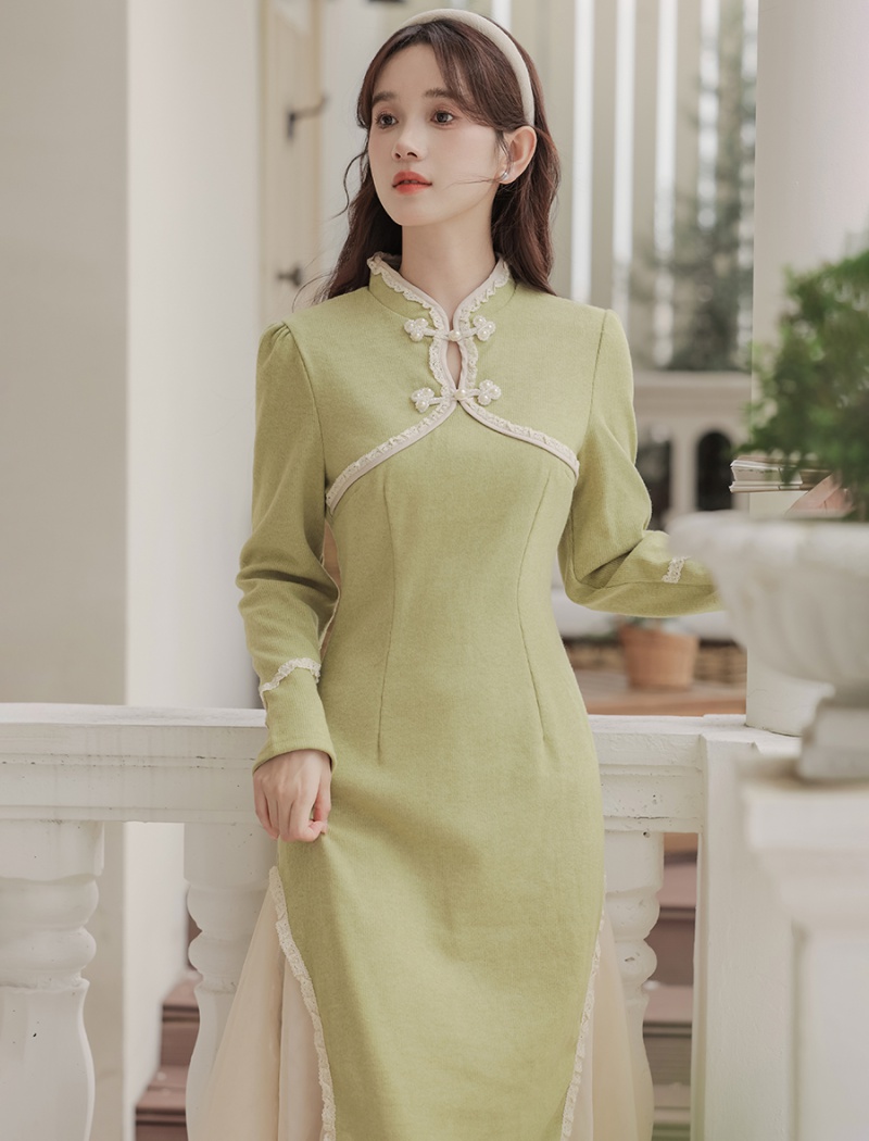 Pseudo-two splice retro cheongsam knitted pinched waist dress