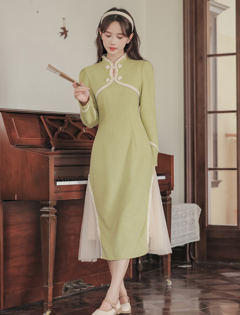 Pseudo-two splice retro cheongsam knitted pinched waist dress