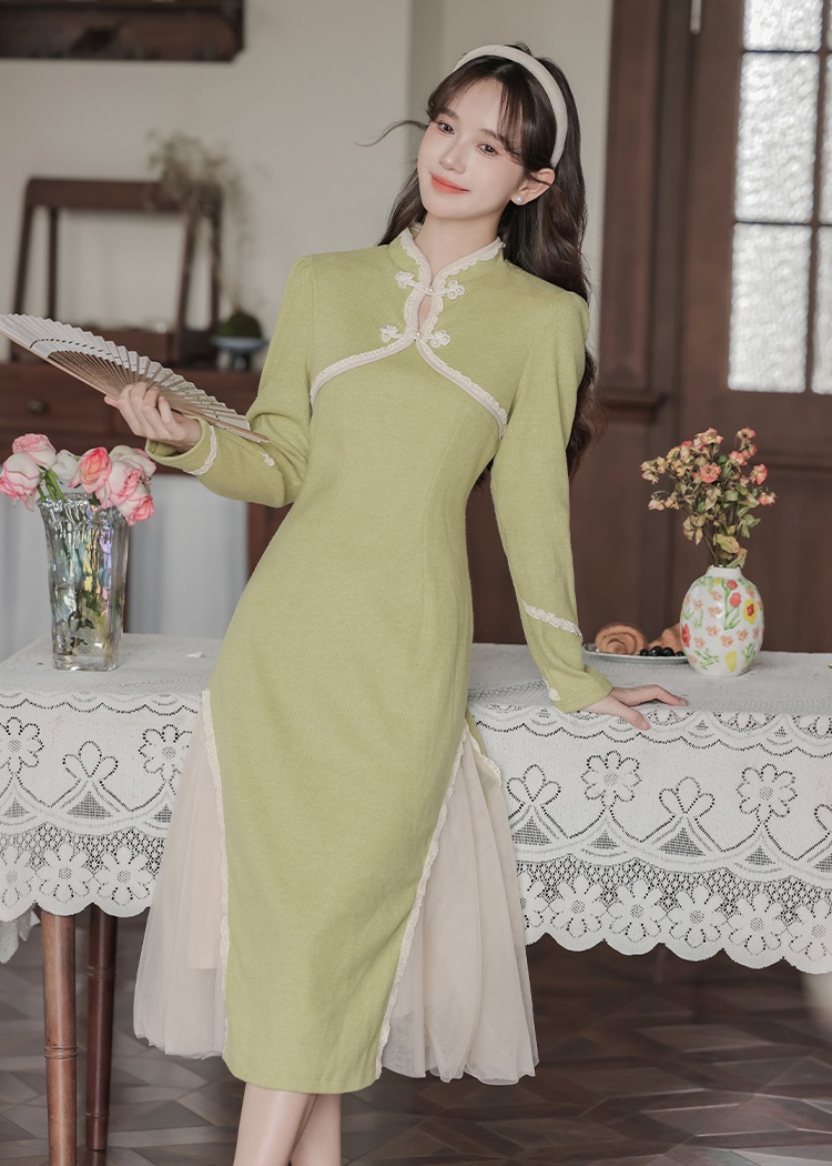 Pseudo-two splice retro cheongsam knitted pinched waist dress