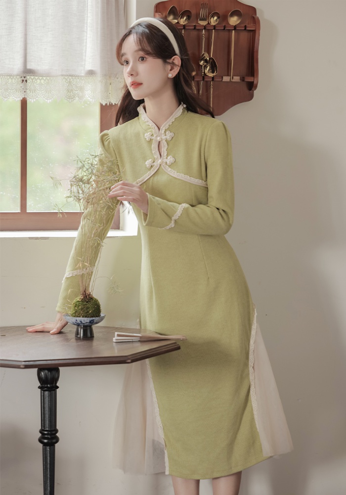 Pseudo-two splice retro cheongsam knitted pinched waist dress