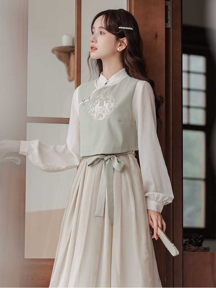 Pinched waist dress embroidery waistcoat 2pcs set