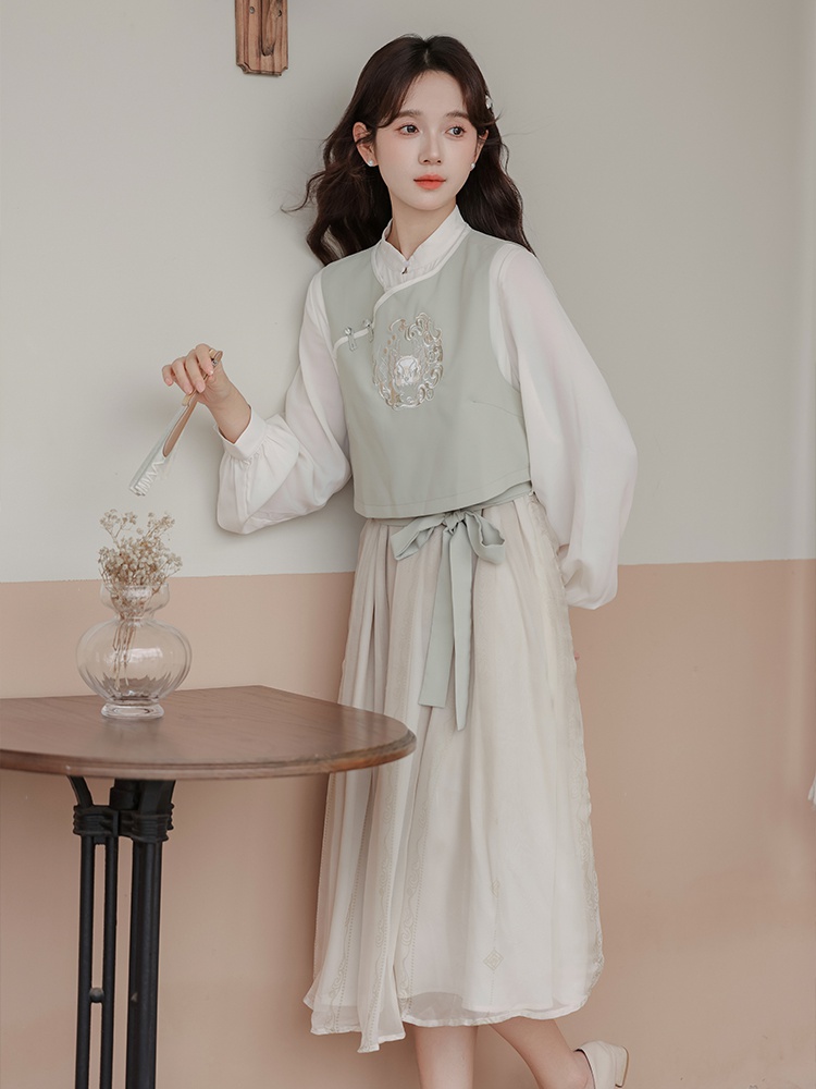 Pinched waist dress embroidery waistcoat 2pcs set