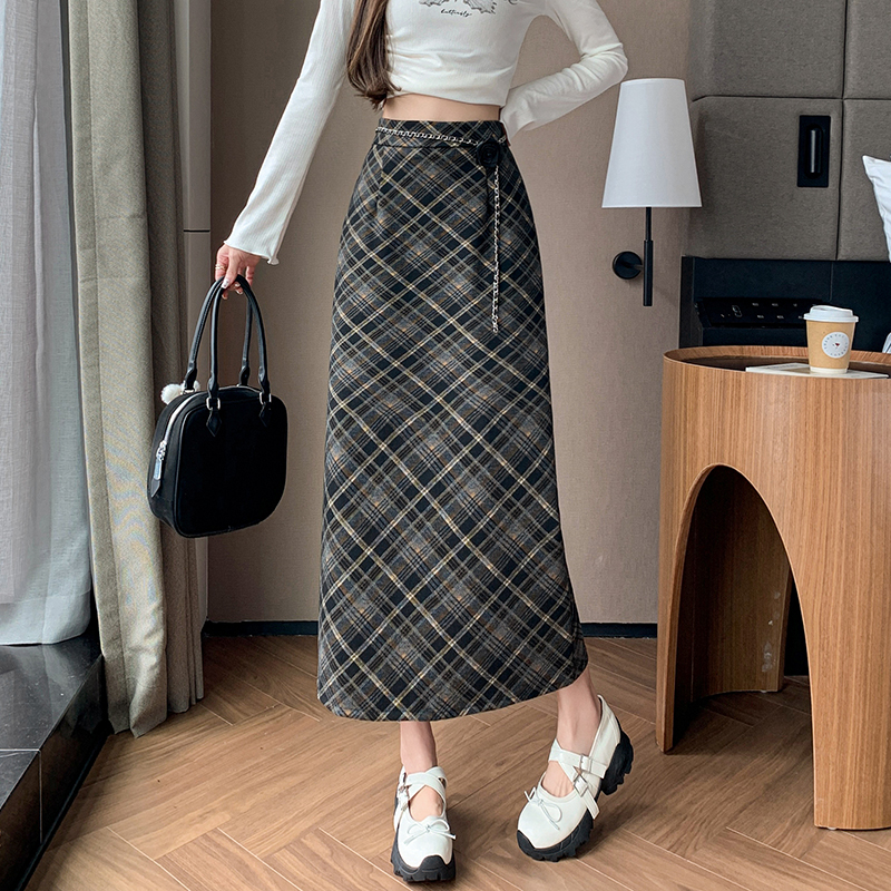 A-line Cover belly package hip long plaid slim skirt