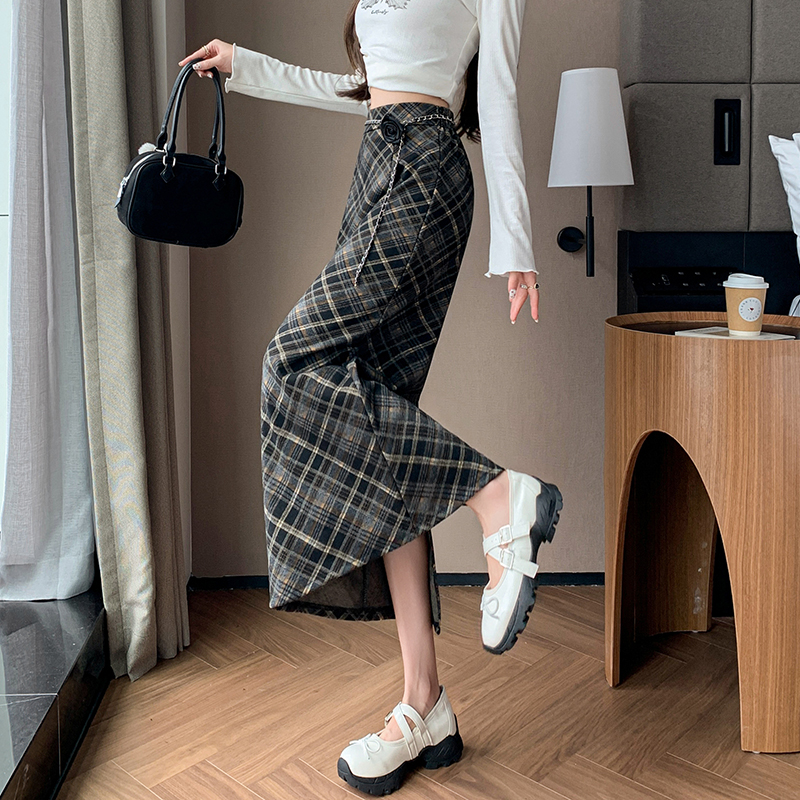 A-line Cover belly package hip long plaid slim skirt