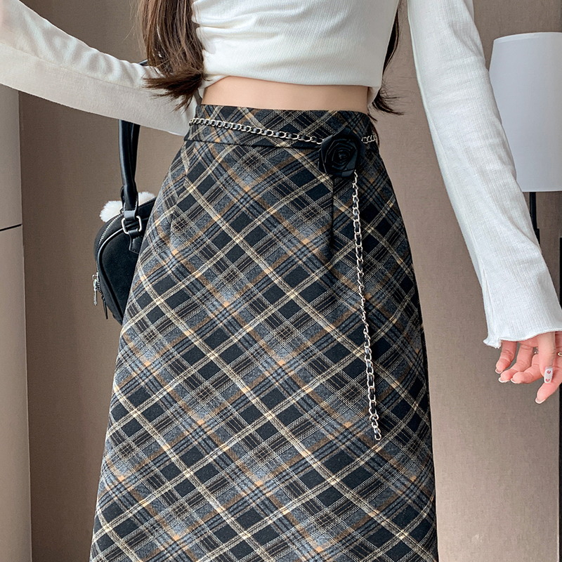 A-line Cover belly package hip long plaid slim skirt