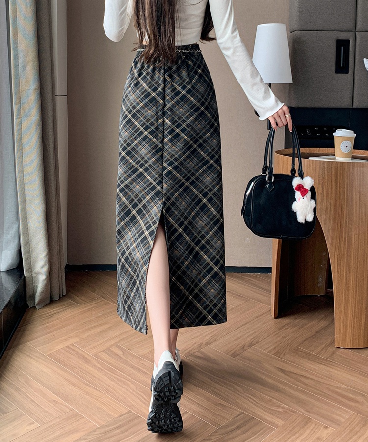 A-line Cover belly package hip long plaid slim skirt