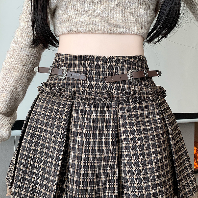 Plaid lace belt autumn A-line skirt for women