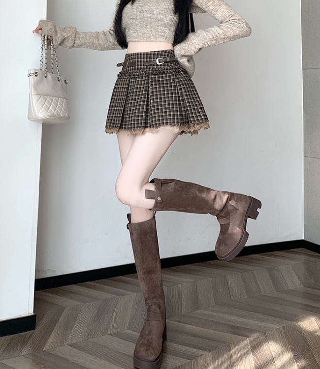 Plaid lace belt autumn A-line skirt for women