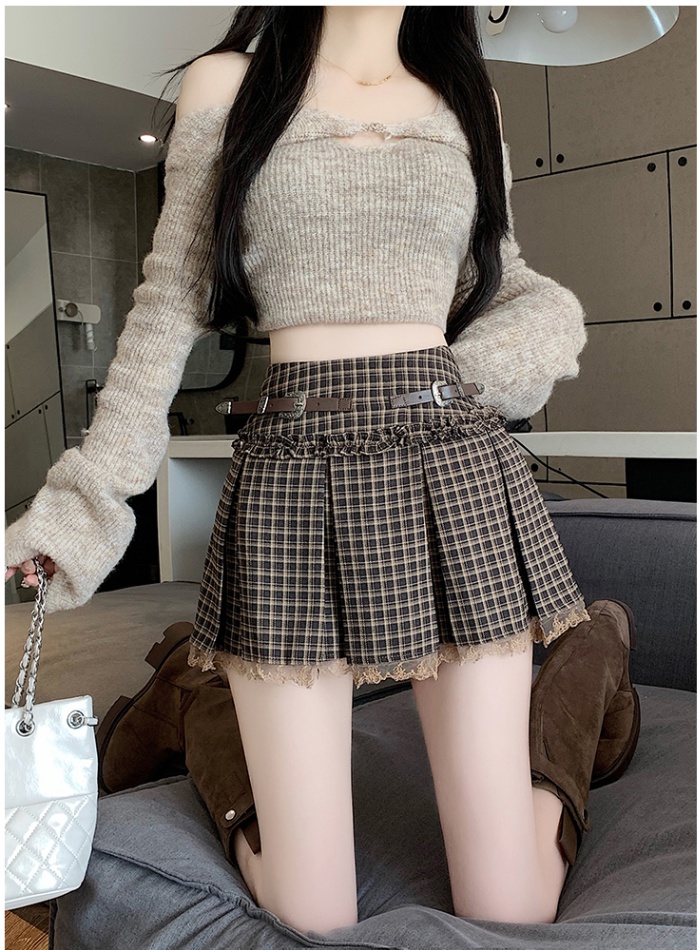 Plaid lace belt autumn A-line skirt for women