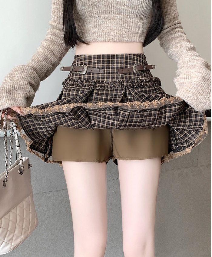 Plaid lace belt autumn A-line skirt for women