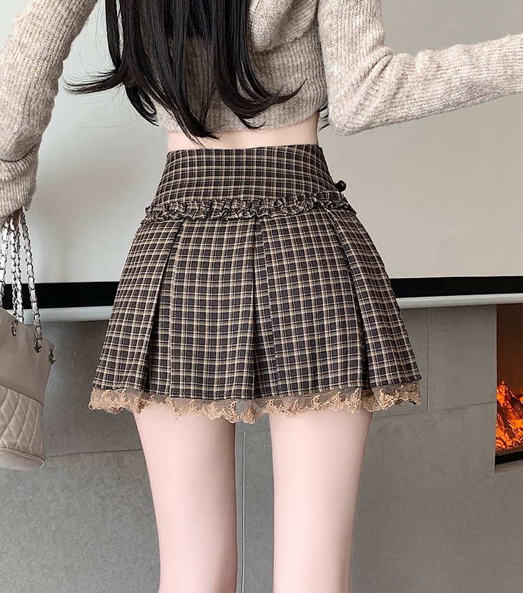 Plaid lace belt autumn A-line skirt for women