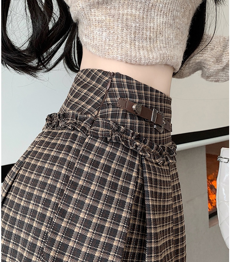 Plaid lace belt autumn A-line skirt for women