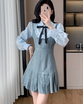 Pseudo-two pleated slim puff sleeve small fellow dress