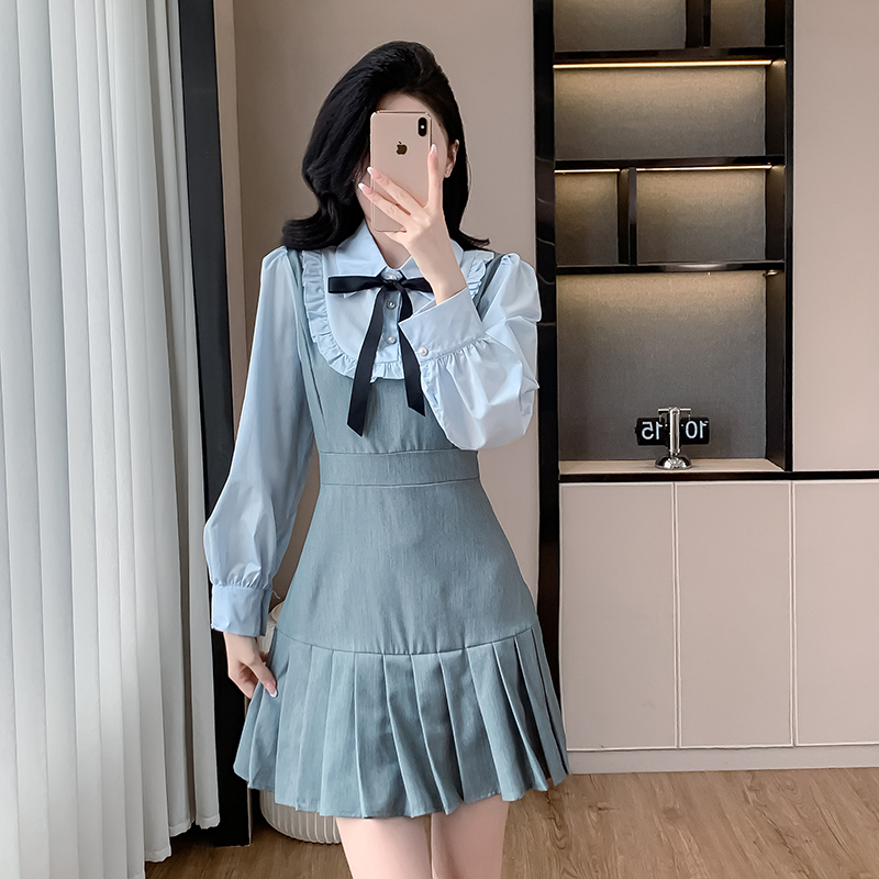 Pseudo-two pleated slim puff sleeve small fellow dress