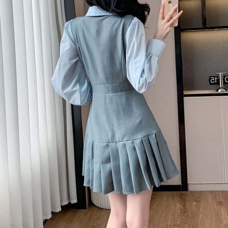 Pseudo-two pleated slim puff sleeve small fellow dress