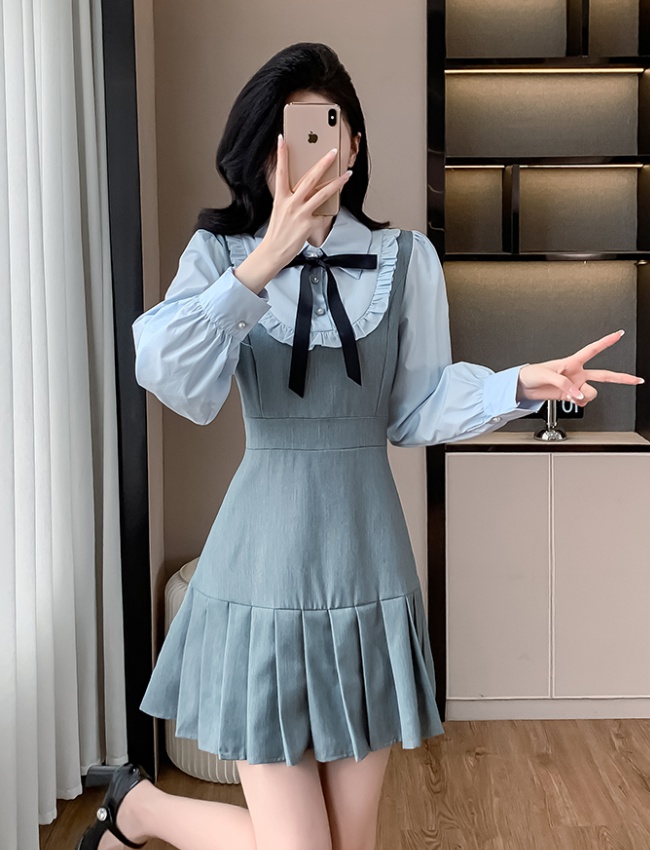 Pseudo-two pleated slim puff sleeve small fellow dress