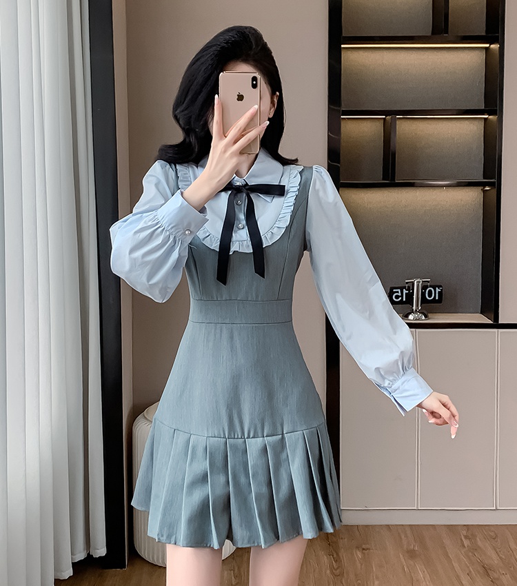 Pseudo-two pleated slim puff sleeve small fellow dress