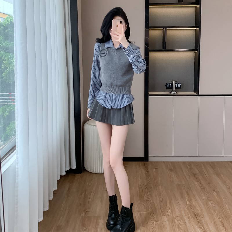 Autumn fashion short skirt knitted vest 3pcs set