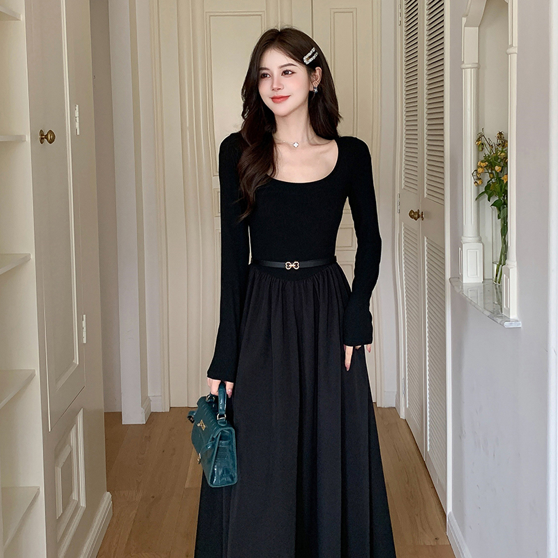 Black temperament slim belt bottoming autumn long dress