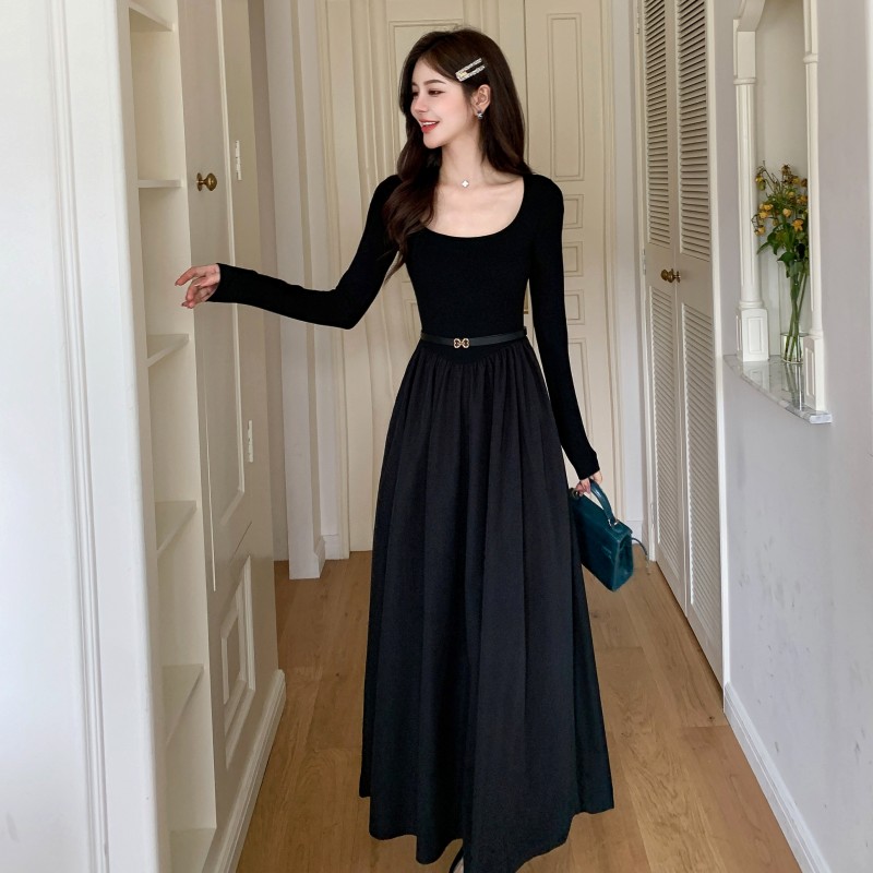 Black temperament slim belt bottoming autumn long dress