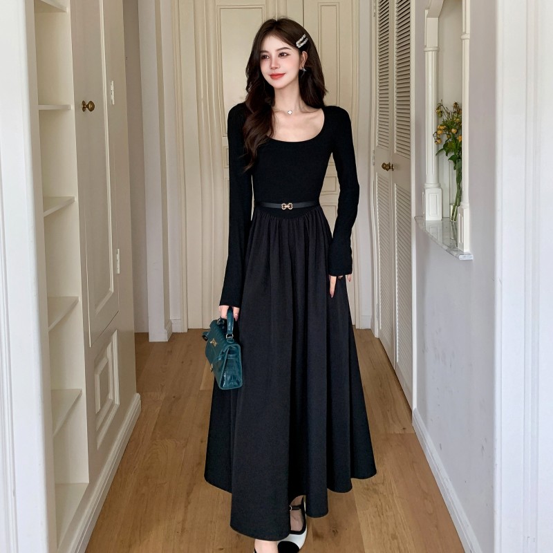 Black temperament slim belt bottoming autumn long dress