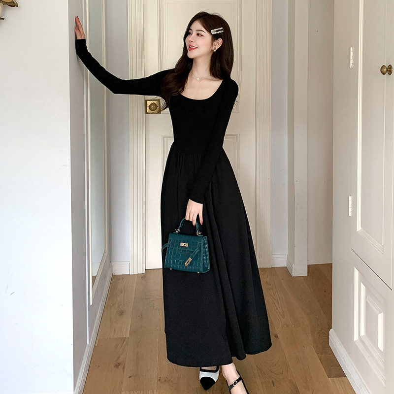 Black temperament slim belt bottoming autumn long dress