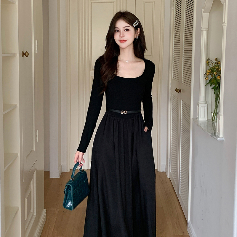 Black temperament slim belt bottoming autumn long dress