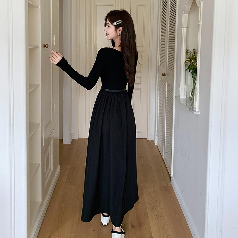 Black temperament slim belt bottoming autumn long dress