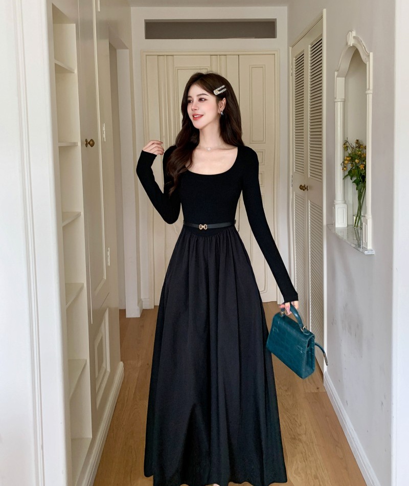 Black temperament slim belt bottoming autumn long dress