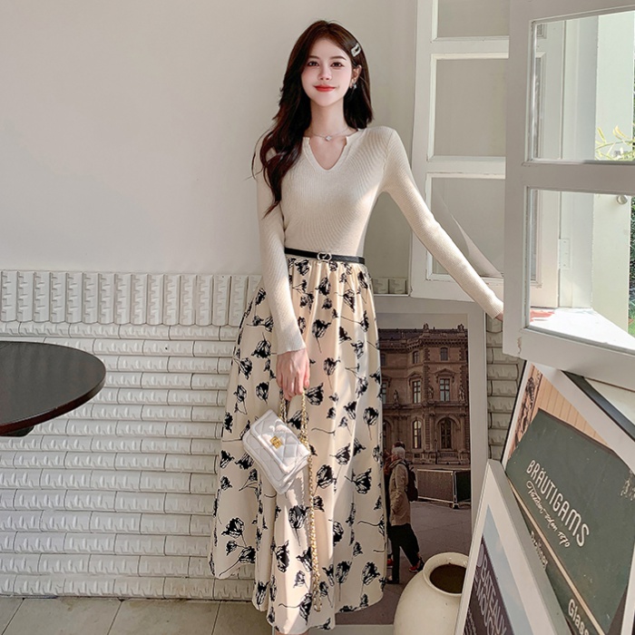 Slim inside the ride belt Korean style long dress